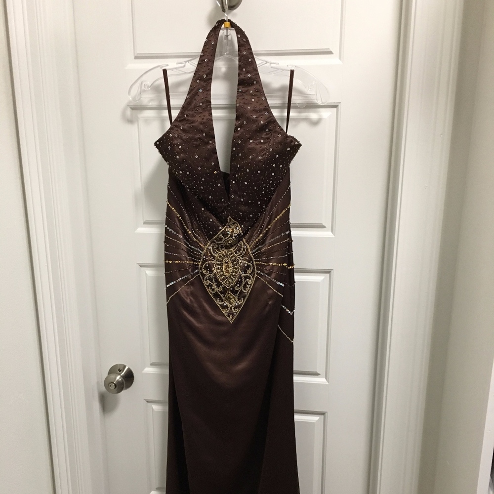 Chocolate Satin Beaded Halter Ball Gown Size 8/10